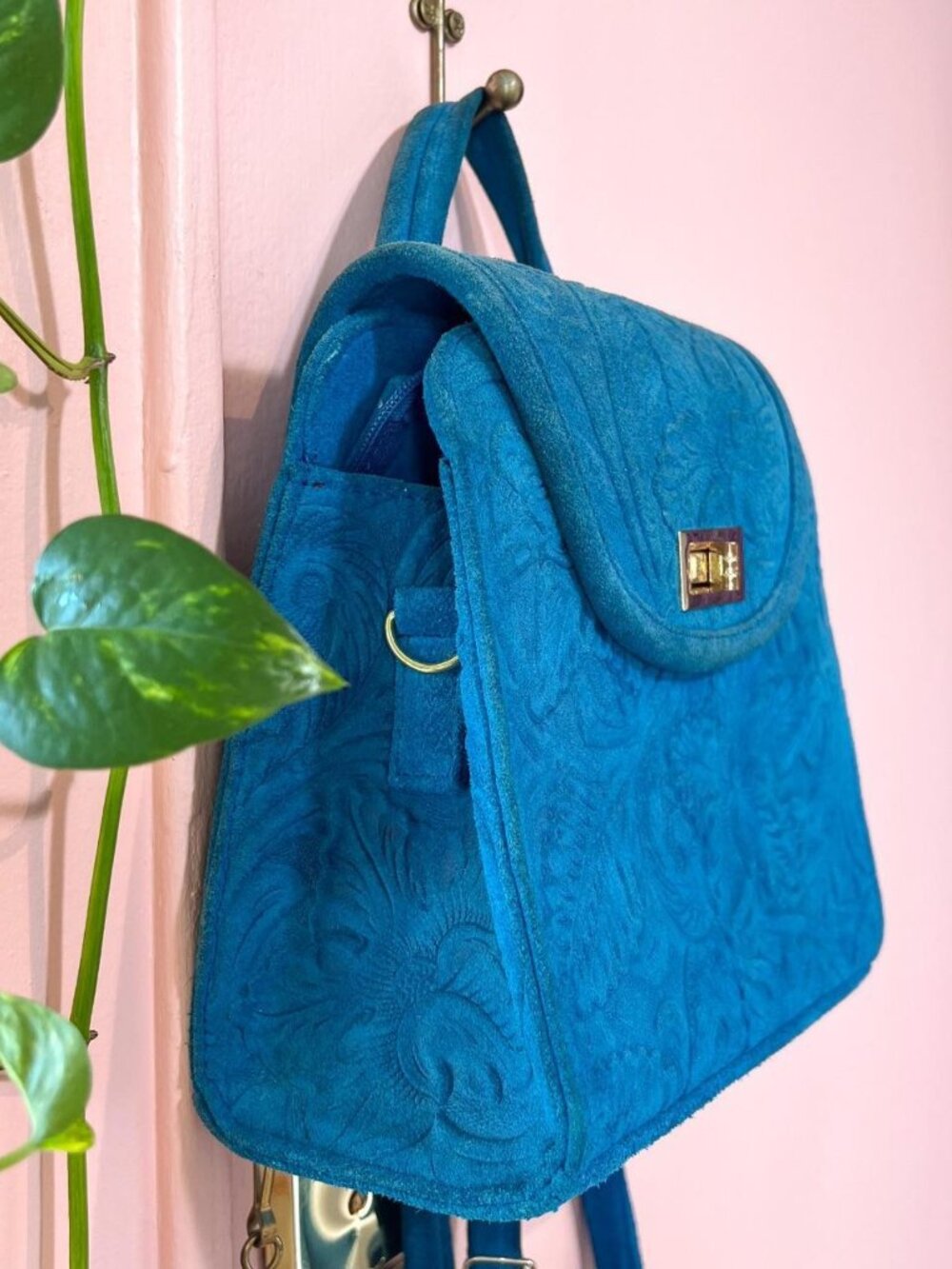 Handmade Embossed Mini Backpack Teal Floral Tooled Bag